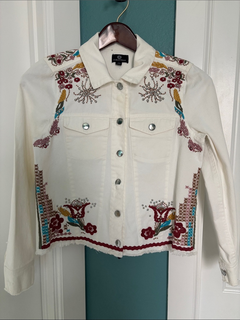 Curtain Call White Embroidered Denim Jacket - Floral Detail